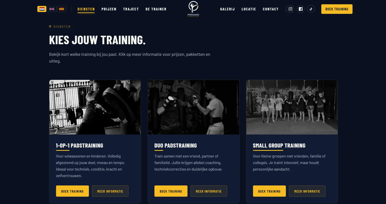De PTByAnou website: Kies jouw training, met 1-op-1 padstraining, duo padstraining en small group training